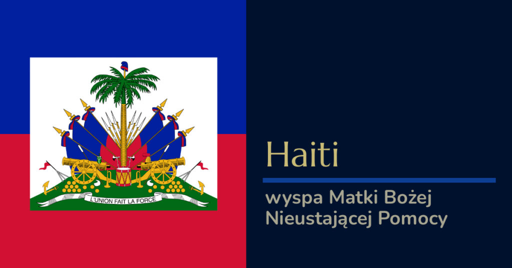 Flaga Haiti z herbem i napisem